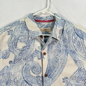 Tommy Bahama Silk Hawaiian Shirt Mens Large Blue White Paisley Camp Button Up